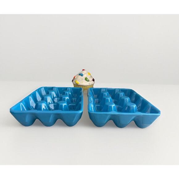 2 Ceramic Blue Egg Crates for Easter Eggs Refrigerator Jelly Belly Cupcake Dish - Picture 1 of 11